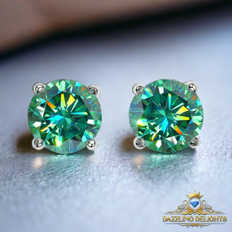 Round Brilliant Cut Green Moissanite 4-Claw Stud Earrings - Premium Jewelry from Dazzling Delights - Just $80.96! Shop now at Dazzling Delights