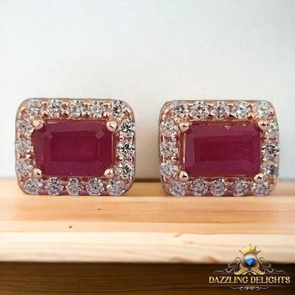 6x4mm Emerald Cut Ruby Halo Earrings - Premium Jewelry from Dazzling Delights - Just $83.95! Shop now at Dazzling Delights