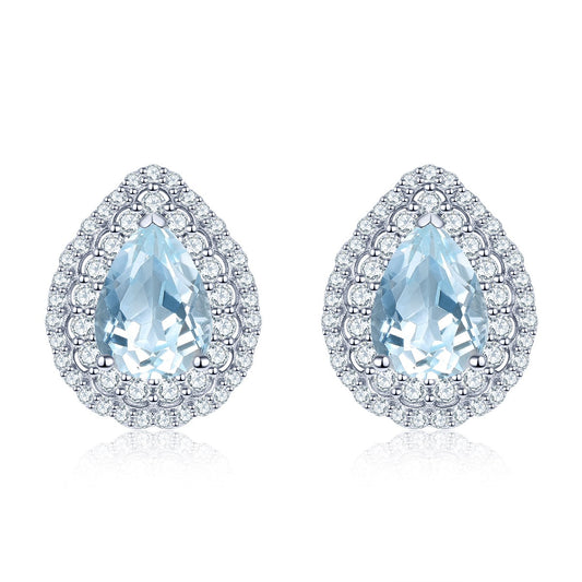 8x6mm Pear Cut Natural Blue Topaz Double Halo Stud Earrings - Premium Jewelry from Dazzling Delights - Just $64.46! Shop now at Dazzling Delights