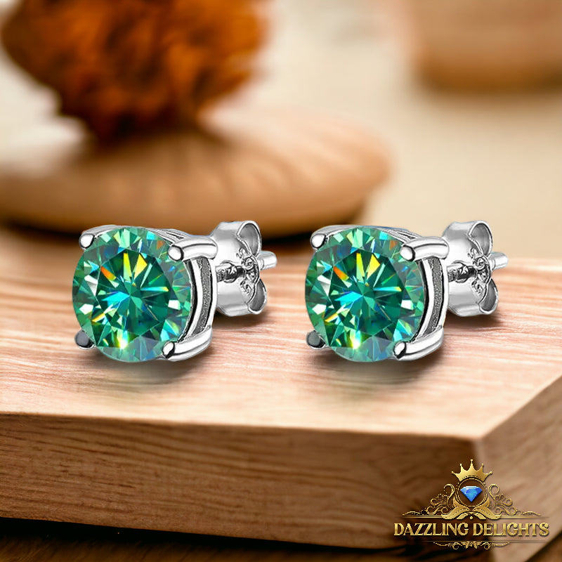 Round Brilliant Cut Green Moissanite 4-Claw Stud Earrings - Premium Jewelry from Dazzling Delights - Just $80.96! Shop now at Dazzling Delights