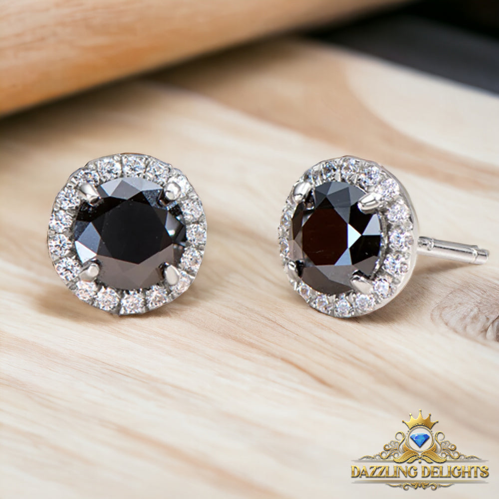 Round Brilliant Cut Black Moissanite Halo Stud Earrings - Premium Jewelry from Dazzling Delights - Just $96.71! Shop now at Dazzling Delights