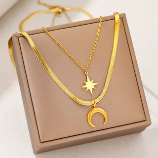 Titanium Moon and Star Herringbone Pendant Necklace - Premium Jewelry from Dazzling Delights - Just $29.95! Shop now at Dazzling Delights