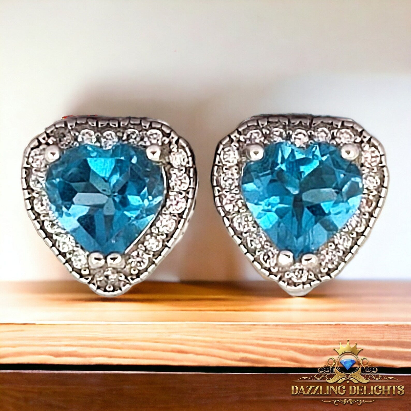 Heart Cut Swiss Blue Topaz and White Topaz Halo Earrings - Premium Jewelry from Dazzling Delights - Just $61.95! Shop now at Dazzling Delights