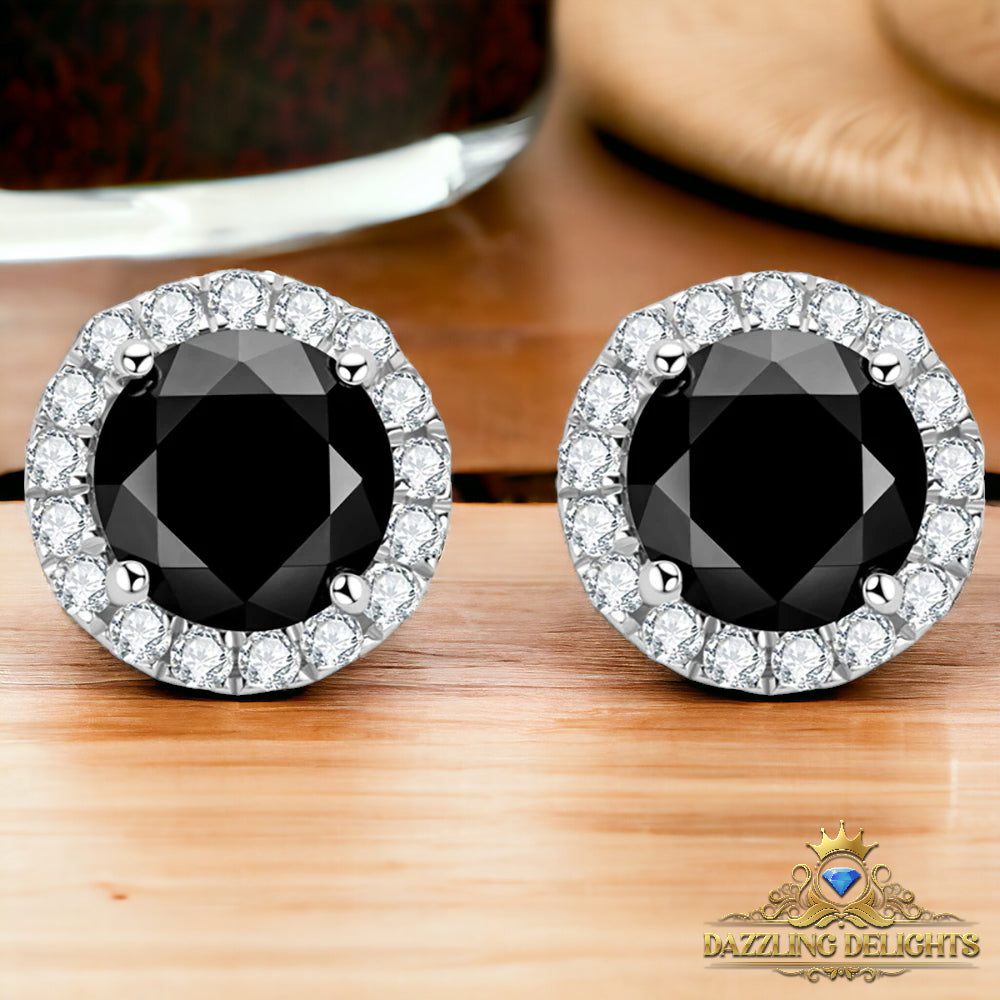 Round Brilliant Cut Black Moissanite Halo Stud Earrings - Premium Jewelry from Dazzling Delights - Just $96.71! Shop now at Dazzling Delights