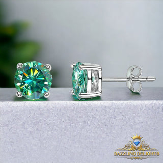 Round Brilliant Cut Green Moissanite 4-Claw Stud Earrings - Premium Jewelry from Dazzling Delights - Just $107.95! Shop now at Dazzling Delights