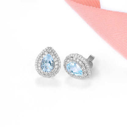 8x6mm Pear Cut Natural Blue Topaz Double Halo Stud Earrings - Premium Jewelry from Dazzling Delights - Just $85.95! Shop now at Dazzling Delights