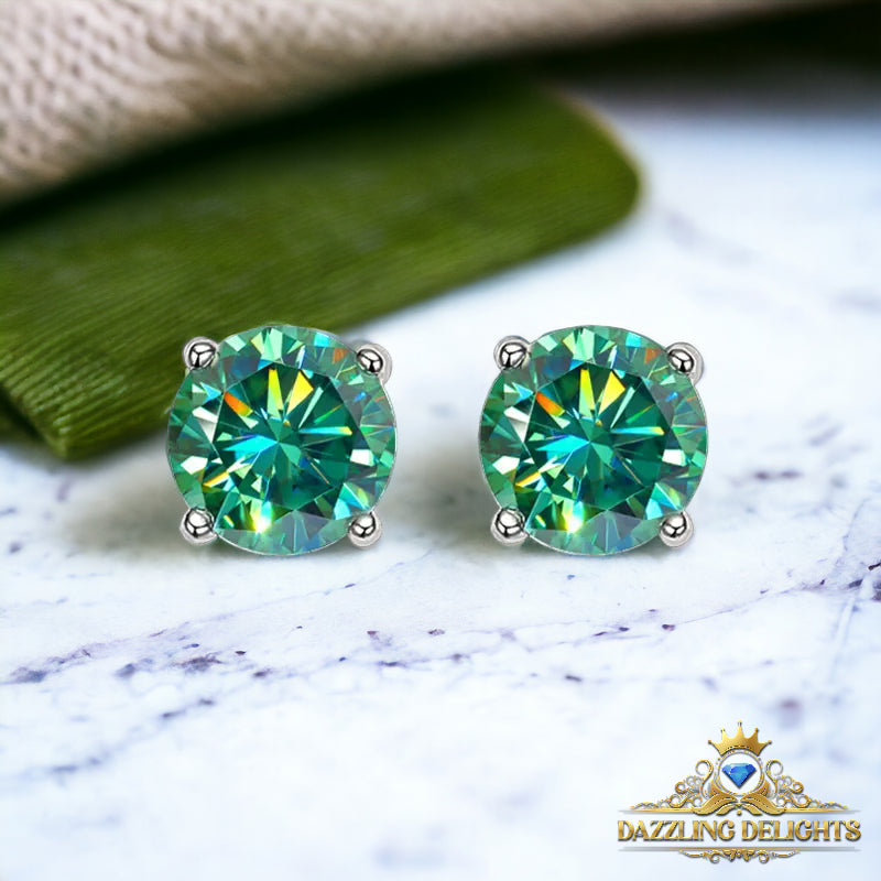 Round Brilliant Cut Green Moissanite 4-Claw Stud Earrings - Premium Jewelry from Dazzling Delights - Just $80.96! Shop now at Dazzling Delights