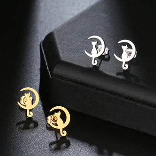 Titanium Moon Cat Stud Earrings - Premium Jewelry from Dazzling Delights - Just $16.88! Shop now at Dazzling Delights