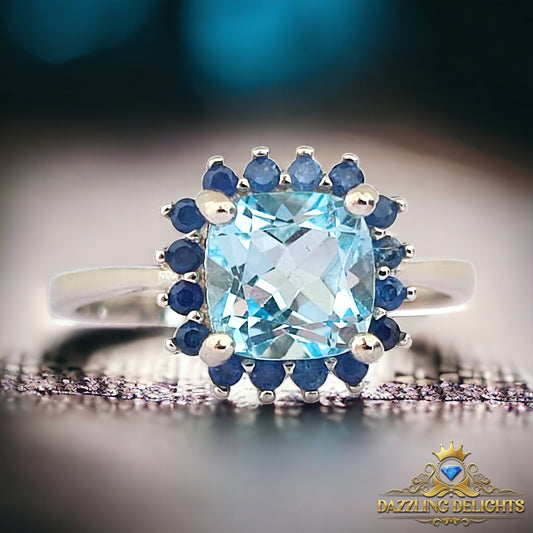 Cushion Cut Sky Blue Topaz and Sapphire Halo Ring - Premium Jewelry from Dazzling Delights - Just $57.71! Shop now at Dazzling Delights