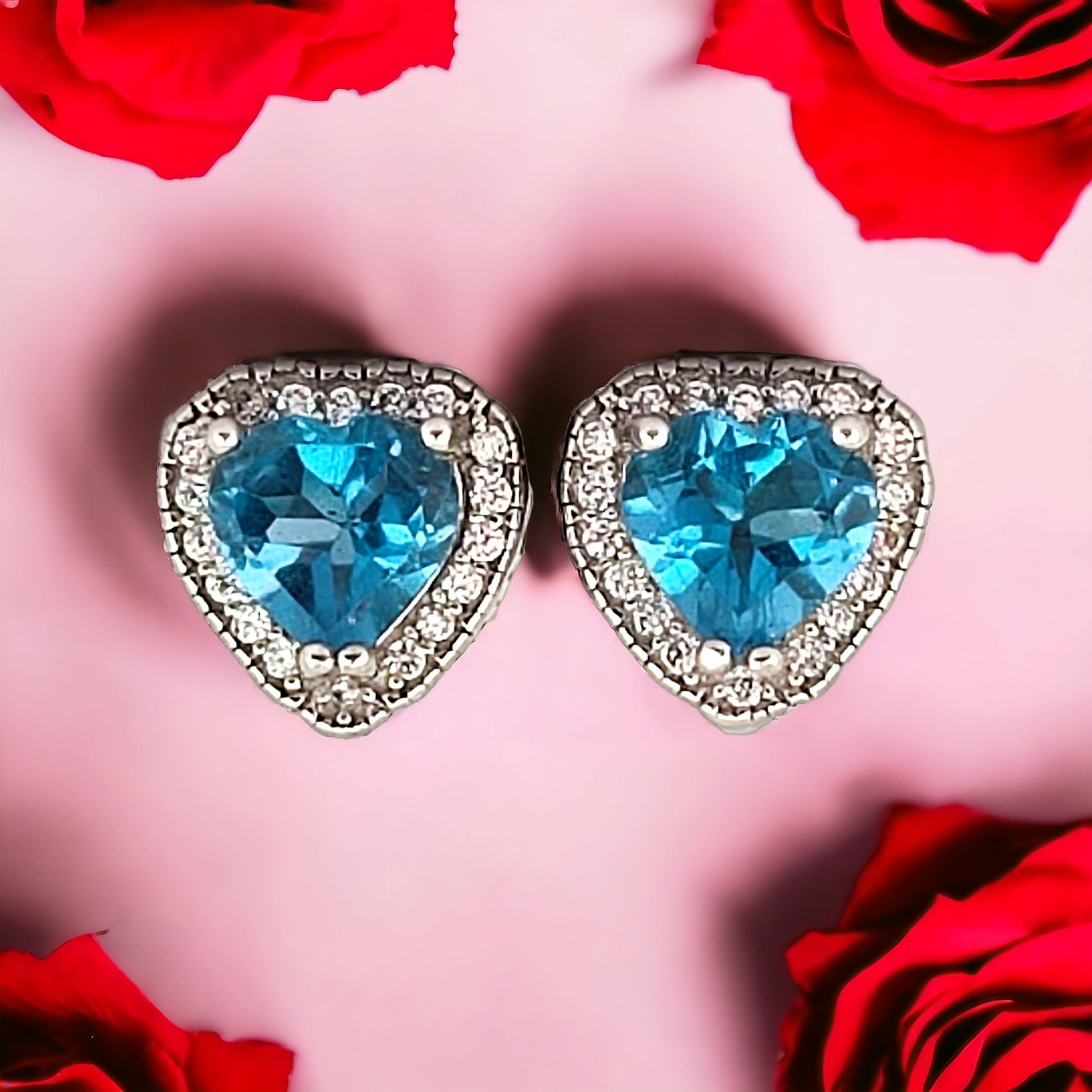 Heart Cut Swiss Blue Topaz and White Topaz Halo Earrings - Premium Jewelry from Dazzling Delights - Just $61.95! Shop now at Dazzling Delights