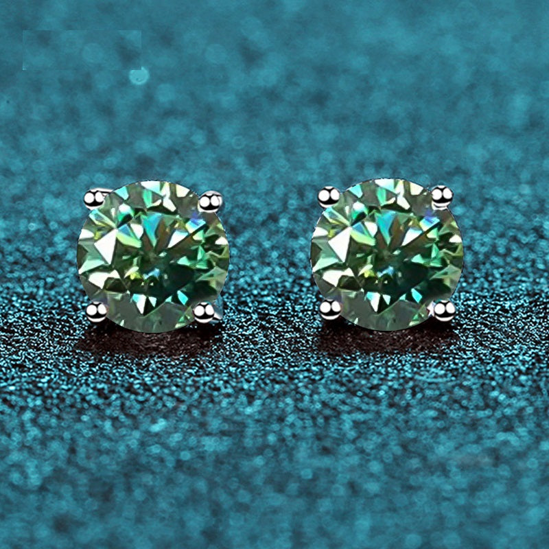 Round Brilliant Cut Blue-Green Moissanite 4-Claw Stud Earrings - Premium Jewelry from Dazzling Delights - Just $64.46! Shop now at Dazzling Delights