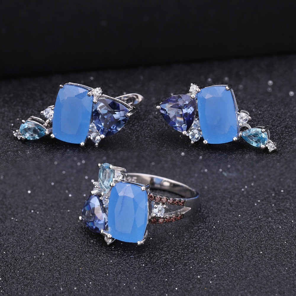 "Mystic Dreams" Natural Aqua Blue Calcedony and Topaz Geometric Ring - Premium Jewelry from Dazzling Delights - Just $124.46! Shop now at Dazzling Delights