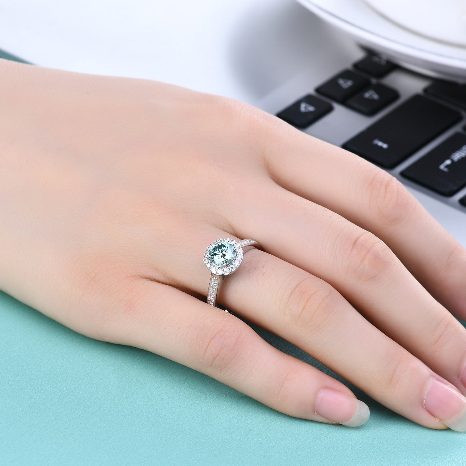 1ct 6.5mm Green Moissanite 4 Claw Halo Adjustable Ring - Premium Jewelry from Dazzling Delights - Just $80.96! Shop now at Dazzling Delights